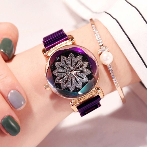 

luxury watches ladies fashion romantic casual women romantic starry sky wrist watch stainless steel casual bracelet watch, Slivery;brown