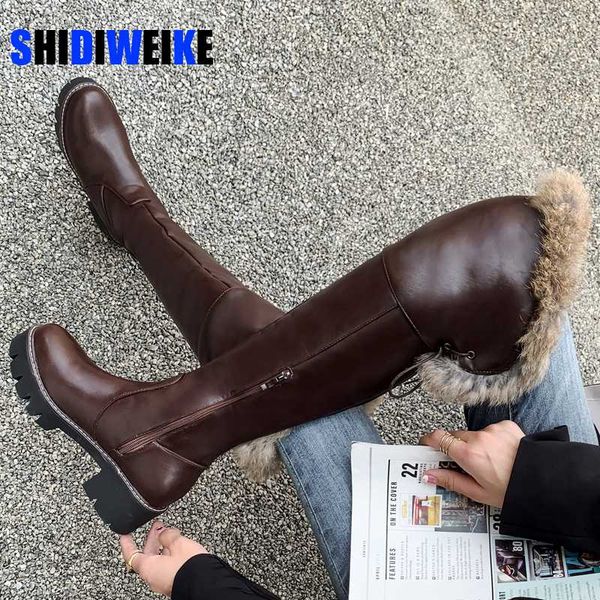 

boots winter boot women warm over-the-knee round toe real fur ladies fashion thigh snow shoes waterproof botas, Black