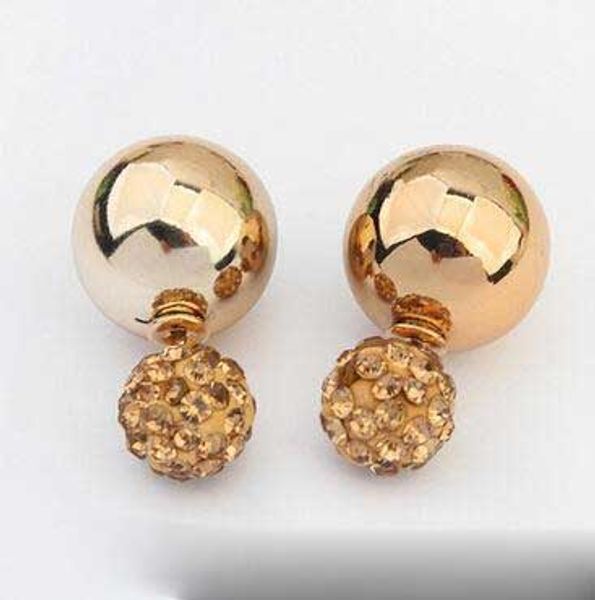 Cristal de duas bolas pérolas brincos dupla Mulheres pérola brincos de ouro / banhado a prata Sided Simulado Pérola Studs