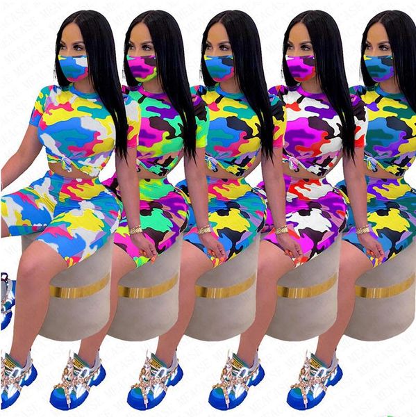 

women tracksuit camouflage color short sleeves t shirt shorts face mask three piece suit outfits casual fashion home sports suit d62915, White