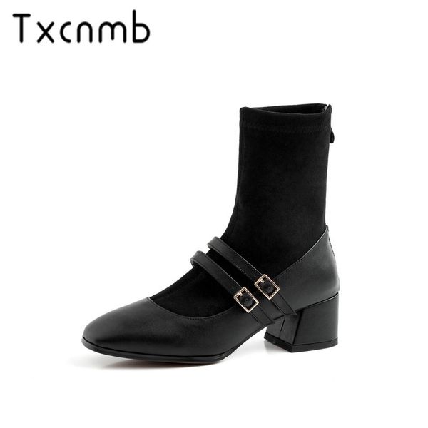 

txcnmb new boots women mid-calf boots autumn winter warm square heels shoes woman genuine leather casual quality brand, Black