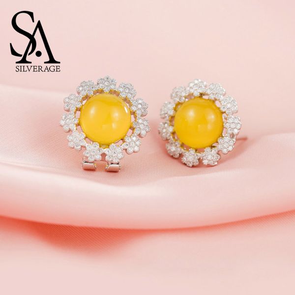 

sa silverage real 925 sterling silver vintage stud earrings for women fine jewelry yellow natural chalcedony 2019 new arrivals, Golden;silver