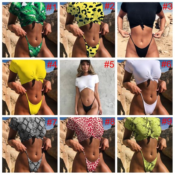 Sexy retro dianteira laço knot t-shirt colheita biquini maiô feminino maiô micro thong swimwear mulheres biquíni brasileiro