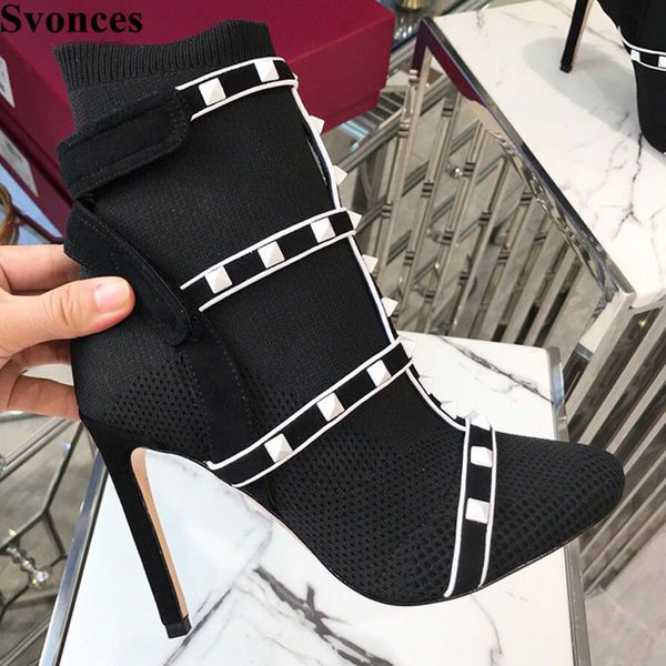 

Svonces Марка Дизайн Заклепки Шипованные Женские Сапоги Вязать Тонкие Женские Ботил