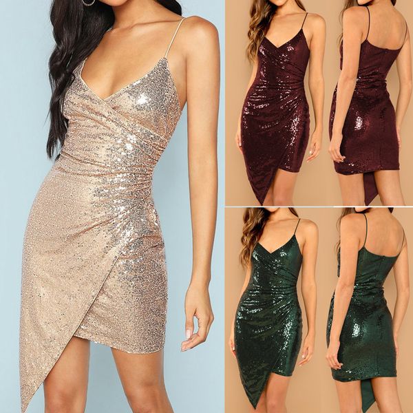 

summer dress women cross v-neck sleeveless sequin asymmetrical bodycon slim wrap strap dresses woman party night vestidos, Black;gray