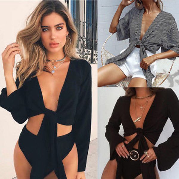 

woman tanks new au fashion womens summer tie knot crop ladies flared sleeve plunge neck, White