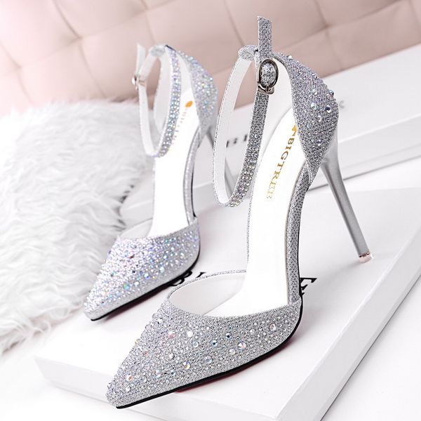 

sexy2020 305-3 korean twinkle rhinestone fine high with shallow mouth sharp hollow out one word bring sandals sweet princess shoe, Black