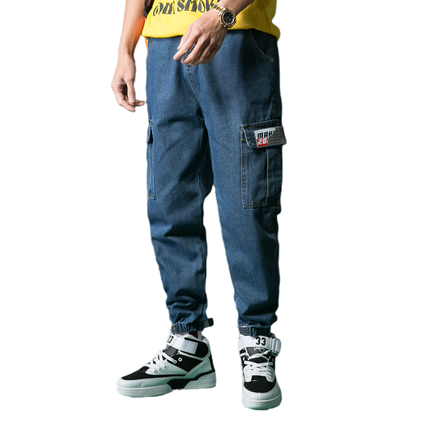

whisnos men jeans pants casual cotton denim trousers multi pocket cargo jeans men new fashion denim pants big size, Blue