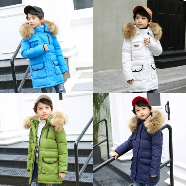 

2019 new children winter duck down jacket for girls thickening warm down coat for boys long big fur hooded outerwear coats, Blue;gray