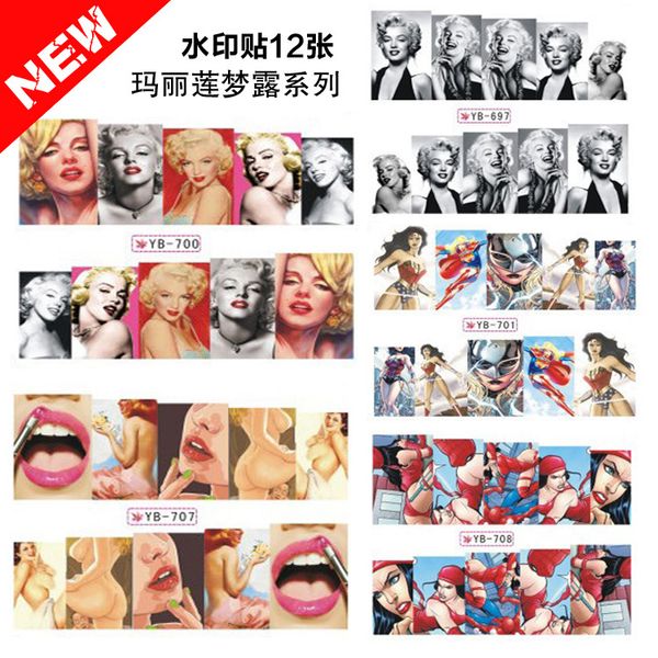 

12 pcs/set nail sticker adhesive paper marilyn monroe watermarking nail art decoration cute cool nails decorate, Black