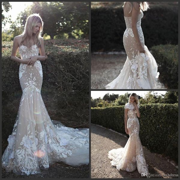 

2020 new idan cohen lace wedding dresses mermaid nude trumpet sweep train sweetheart neckline appliqued bridal gowns with wraps 768, White
