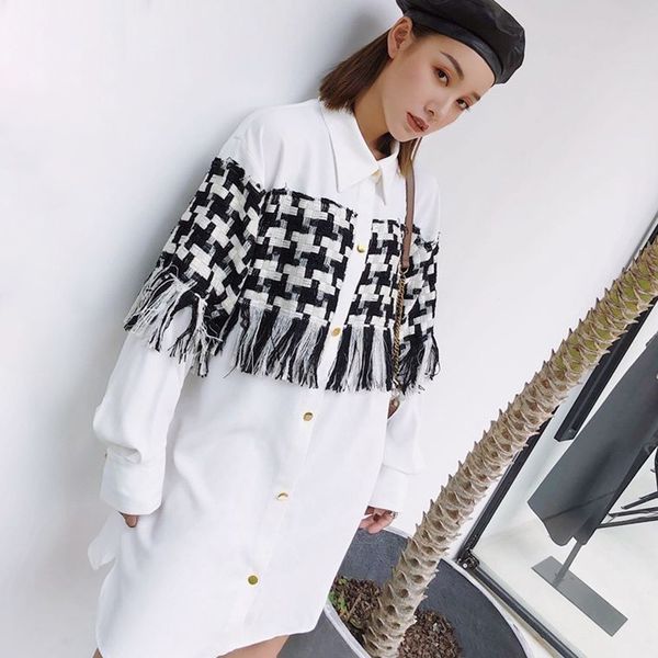 

menkay] patchwork tassel womens shirt dress loose long sleeve side split mini dresses female 2018 autumn streetwear fashion, Black;gray