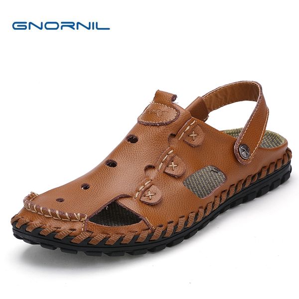 

gnornil casual men sandals slippers summer 2020 fashion genuine leather hand-sewn men shoes non-slip rubber beach shoes, Black