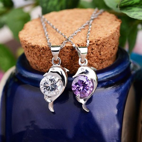 

promotion crystal purple dolphin pendant necklace for women jewelry trendy silver 925 girls clavicle necklace for women choker