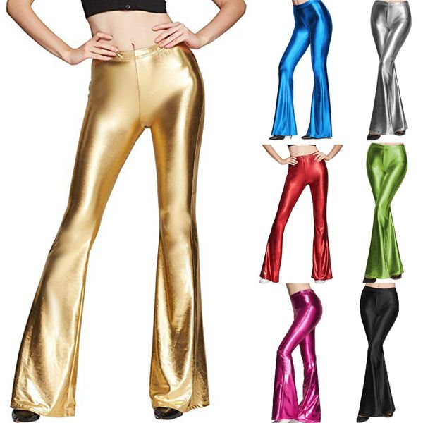 

women's shiny metallic flared pants trousers high waisted bellbottomed pants disco fashion clothes, Black;white