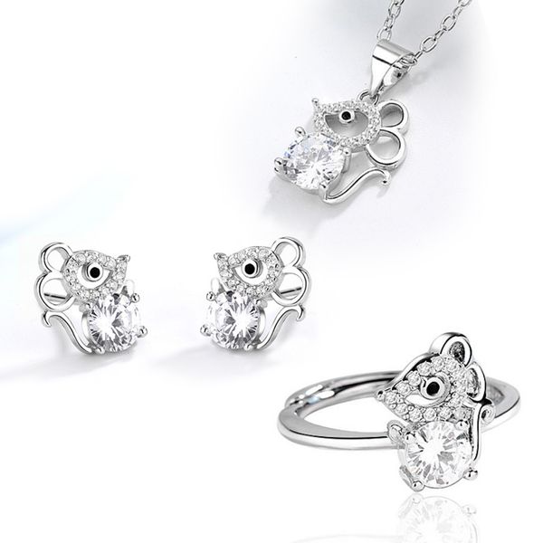 

2020 925 silver set jewelry for women cute cartoon rose gold mouse ring earrings necklace girl party accessories kofsac