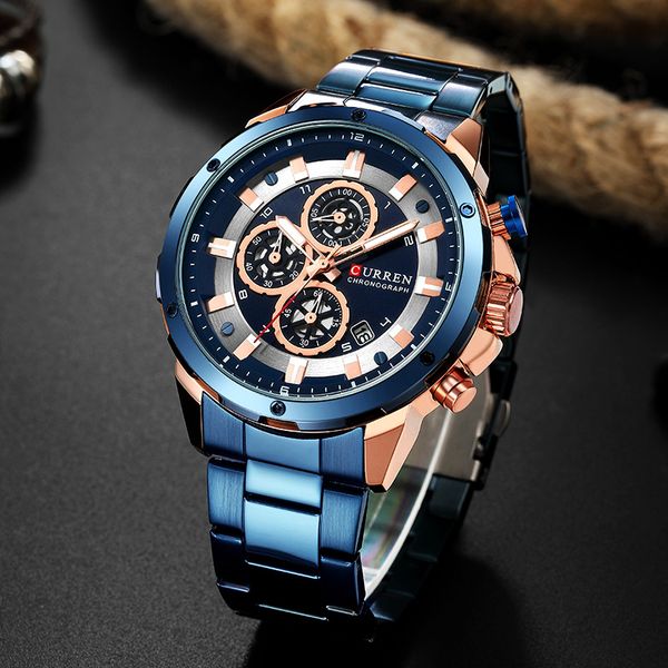 

2019 curren watch men blue luxury quartz steel mens watches chronograph clock man watch wristwatches, Slivery;brown