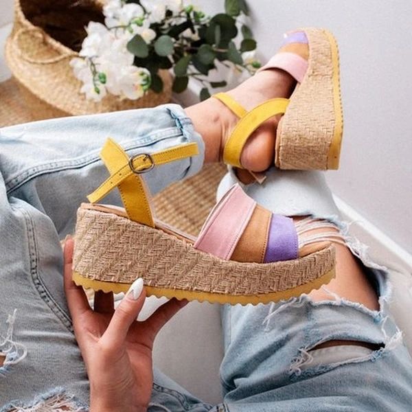 

wenyujh women summer sandals colorful open toe non-slip shoes casual high heel platform ladies vintage office party sandals, Black