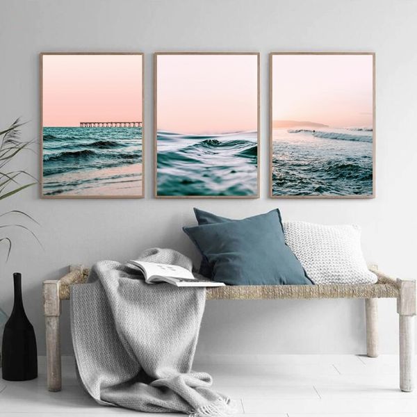 

pink sky sea wave landscape wall art canvas painting nordic style posters and prints decorative modern picture for living room