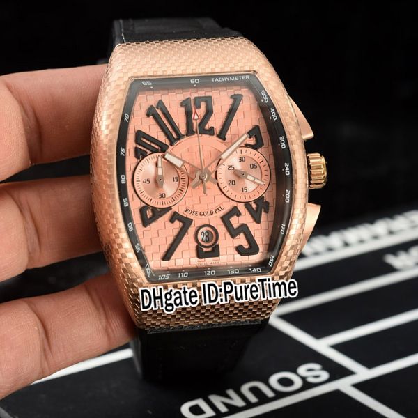 

vanguard v45 quartz chronograph mens watch rose gold black inner champagne gold texture dial big number mark rubber leather puretime e129d4, Slivery;brown