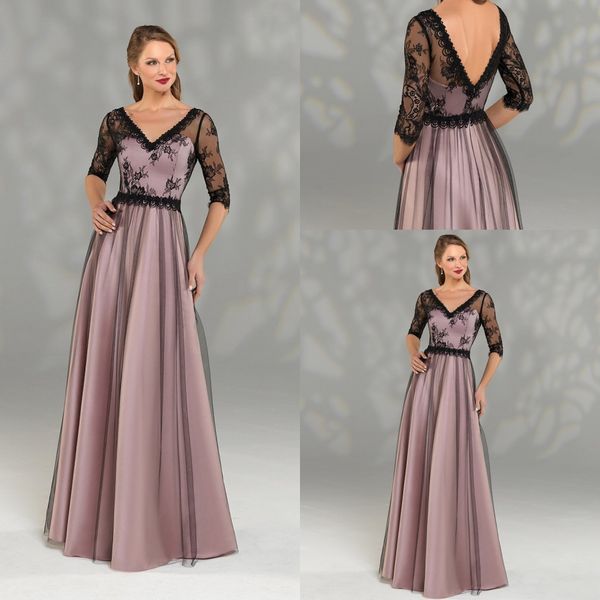 

elegant a-line mother gowns v-neck 3/4 long sleeve tulle lace applique mother of the bride dress floor-length custom made formal party dress, Black;red