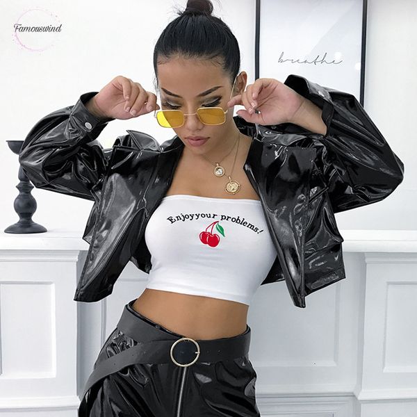 

новый 2019 куртки женщины длинные рукава pu тканые outwears turn down воротник crop tops весна пальто уличная мода laides black, Black;brown