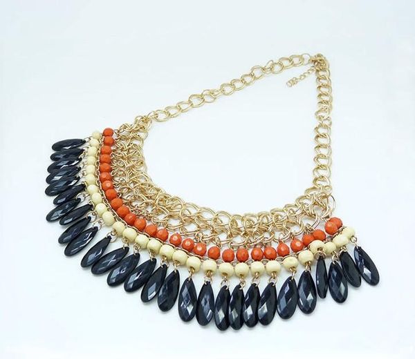 

new fashion chocker necklaces gold plated layered gems wood beads tassels necklace jewelry for women gifts, Golden;silver