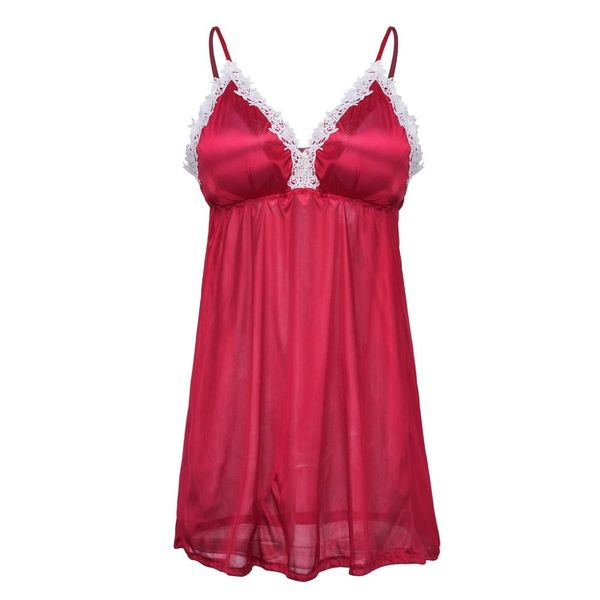 

lenceria v neck lace mesh lingerie babydoll nightgown with thong women sleepwear nightdress spaghetti strap sleepdress, Black;red