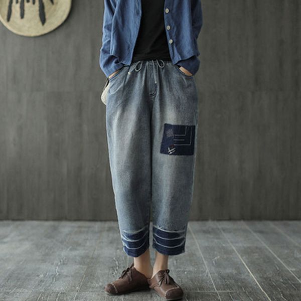 

runback patchwork jeans woman cotton denim gradient harem pants spring retro loose women cropped mom ripped jeans high waist, Blue