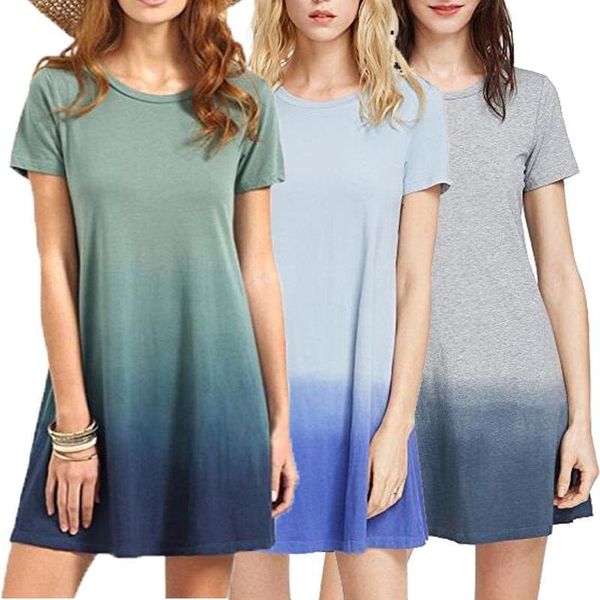 

6 colors new women t-shirt dress short sleeve gradient color dress summer fashion loose dresses lady round neck mini dress women's vest, Black;gray