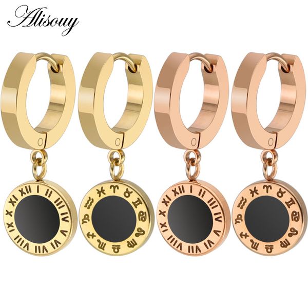 

alisouy black single-sided roman numerals zodiac simple round circle earrings titanium steel rose gold color female hoop earring, Golden;silver