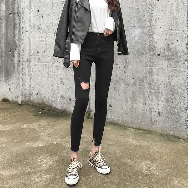 

jeans women's pants 2020 spring and autumn new straight straight slim feet pants high waist tight nine points hole high elastic, Blue