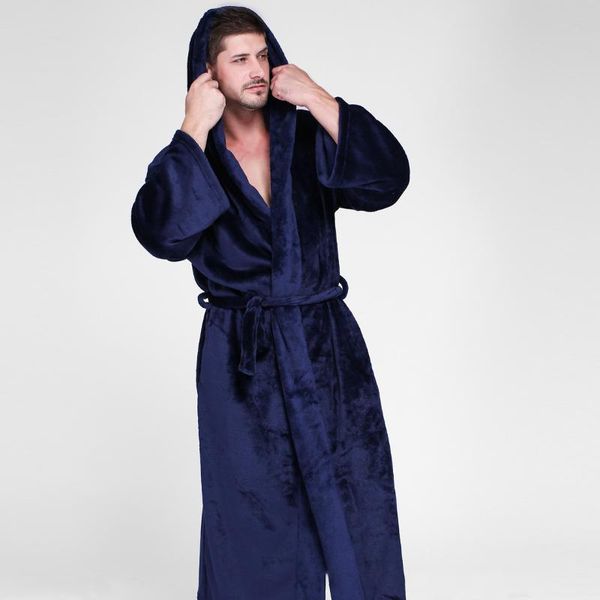

men hooded extra long thermal bathrobe plus size winter flannel thickening warm kimono bath robe male dressing gown mens robes, Black;brown