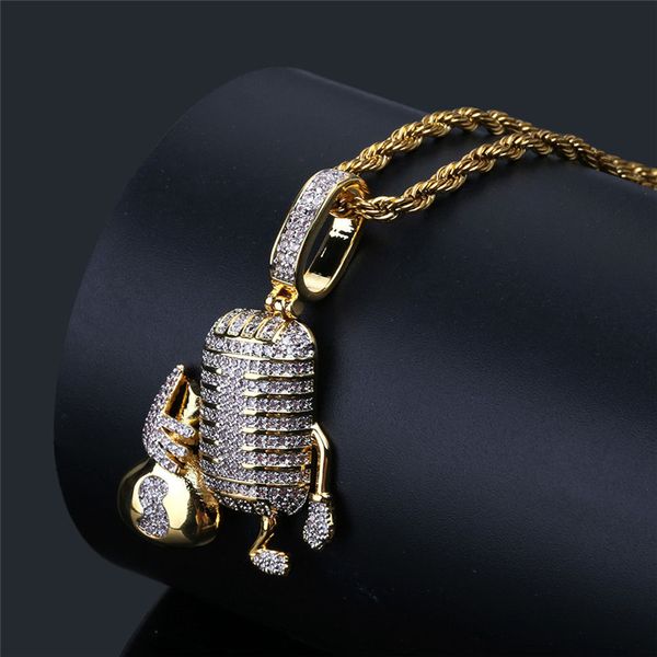 New Hip Hop ICED OUT Cartoon Microfono Villain Collana Full Zircon Bling Shine Regalo di gioielli da uomo