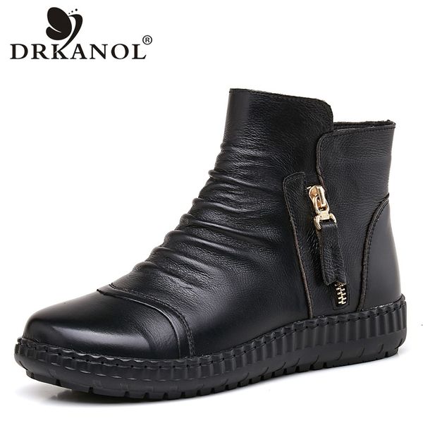 

drkanol new arrival natural genuine cow leather flat boots women snow boots autumn winter plush warm ankle botas mujer, Black