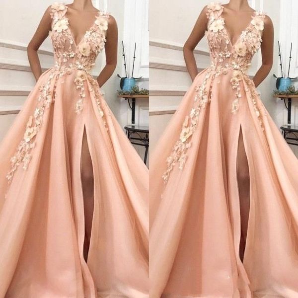 

coral deep v neck evening dresses 3d appliques front split a line sweep train prom party gowns special occasion dresses bc0892, Black;red