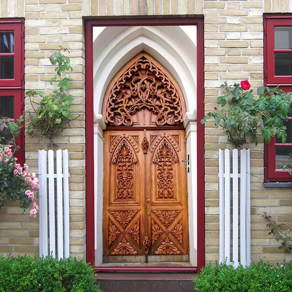 3d Islamic Style Diy Door Art Mural Sticker Simulation Wooden Door Wall Stickers Self Adhesive Pvc Bedroom Decor Poster Stickers Wall Art Stickers