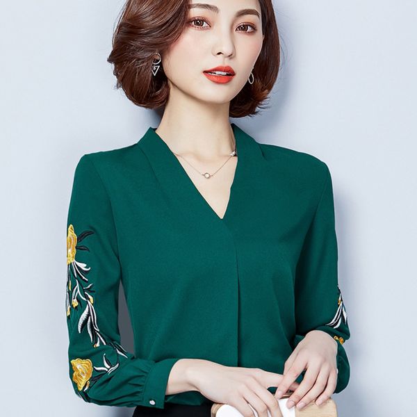 

new spring summer women embroidery shirt long-sleeved chiffon all-match blouse office lady work clothing women blouses, White