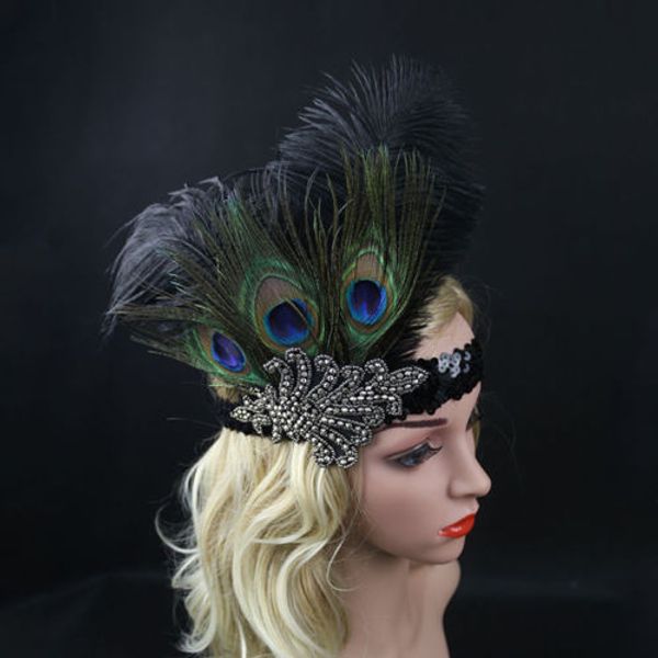 

2019 new vintage black peacock feather headband headpiece headdress handwear