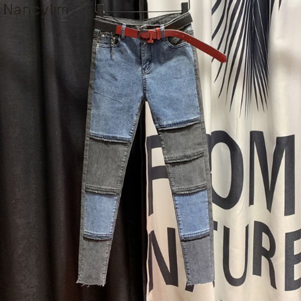 

european goods high waist skinny jeans women's 2019 autumn new personality stitching color cropped pencil pants denim jeans, Blue