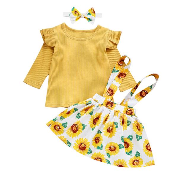 

new 3pcs baby girl clothes knitted +sunflower bib skirt+headband outfits, White