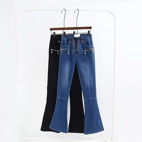 

autumn and winter new street fashion high elastic tied rope jeans women, solid color slim zipper jeans women, Blue