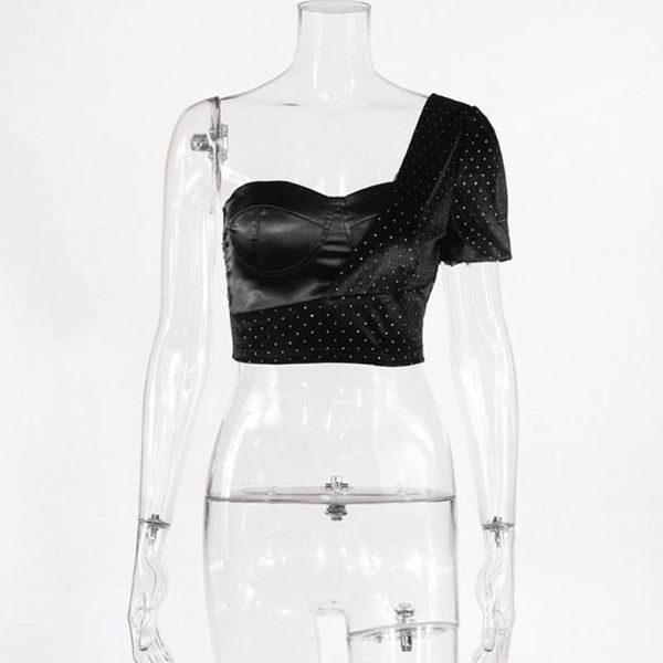 

2020 summer black cropped one shoulder puff sleeve shirts skinny party club wear ladies beading short tshirt streetwear, White