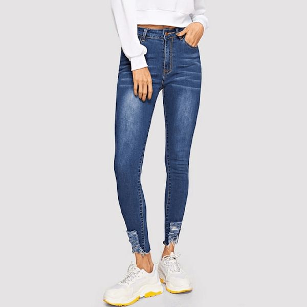 

2019 fashion pencil jeans women button ripped zipper pocket trousers jeans casual denim pants calÃ§a feminina wd5, Blue