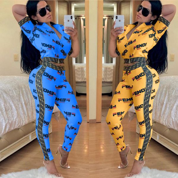 

Women track uit printed f letter hort leeve zipper top pant legging 2 piece fa hion uit ummer outfit port wear jogger et a32603