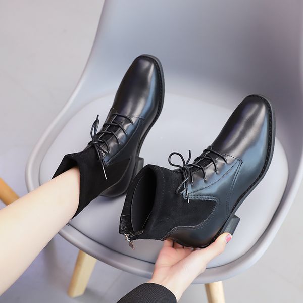 

lace up boots women new 2019 women's shoes autumn booties ladies luxury designer zipper winter footwear ankle fashion med rock, Black