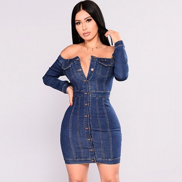 

spring women jeans dress 2019 autumn female strapless single breasted slim hip party dress ladies long sleeve denim dresses, Black;gray