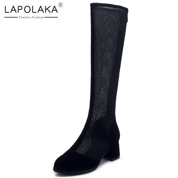 

lapolaka 2019 fashion new large size 33-43 zipper chunky heels summer boots woman shoes women knee high boots female, Black