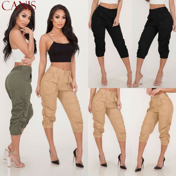 

2020 new summer ladies 3/4 trousers women's three quarter elasticated waist capri cropped pants, Black;white