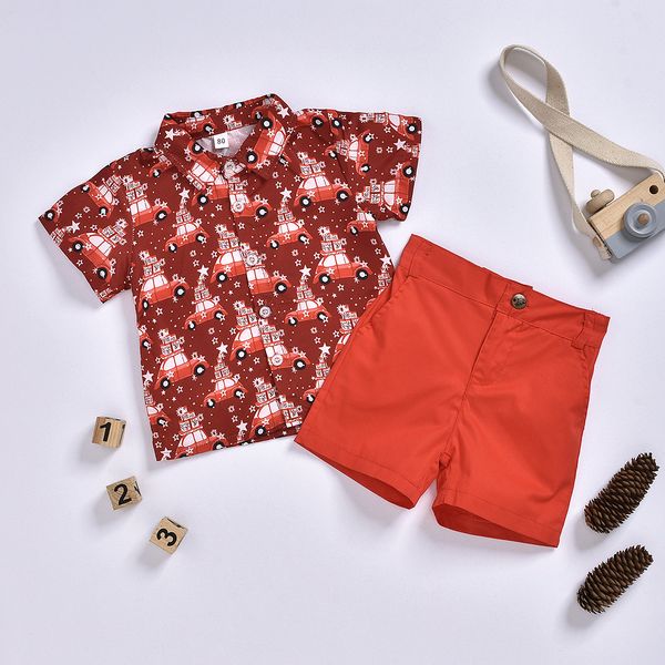

christmas shirts fashion soft cute children set two piece short sleeve shorts boys christmas car print shirt pants, White